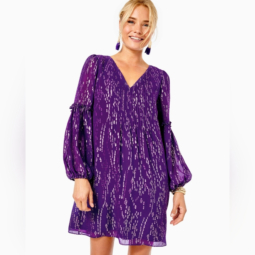 Lilly Pulitzer Cleme Silk Dress - Purple Berry Fish Clip Chiffon